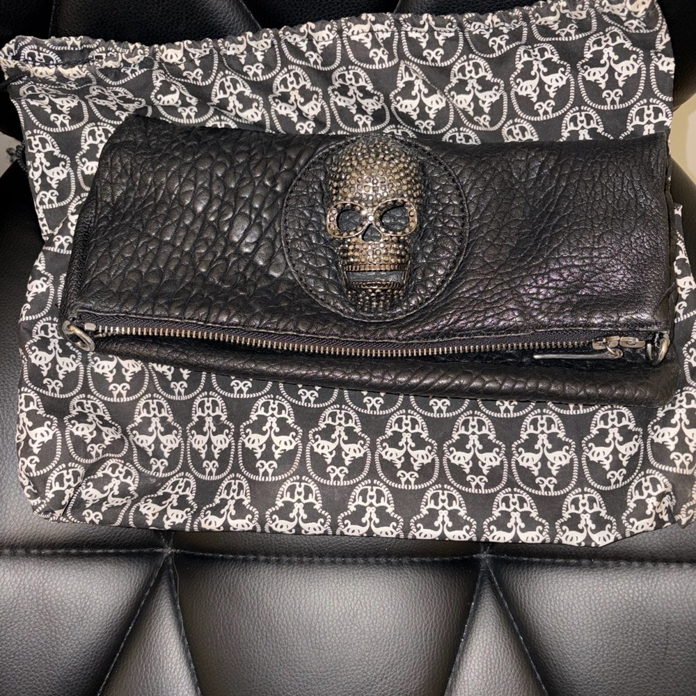 Black Leather Skull Embellished Clutch